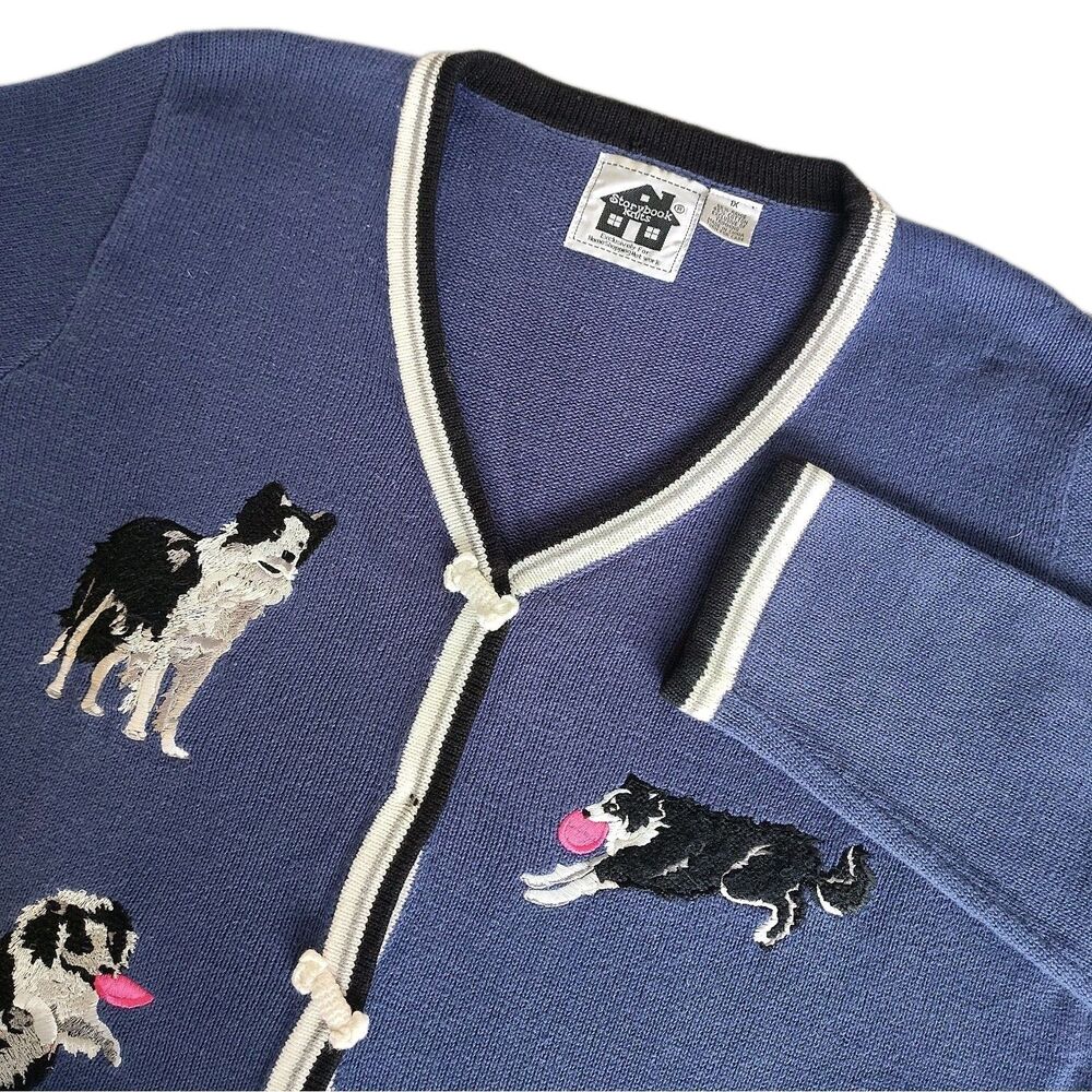 Vintage Storybook Knits Border Collie Dog Cardigan Blue 1X Ramie Cotton Novelty
